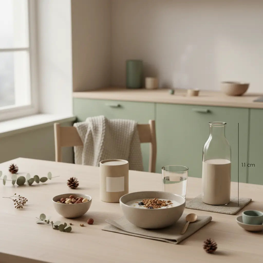 Nachhaltig gedeckter Frühstückstisch mit Granola, Pflanzendrink, Nüssen und Shake im sanften Morgenlicht – Zuckeralternativen für Plätzchen.