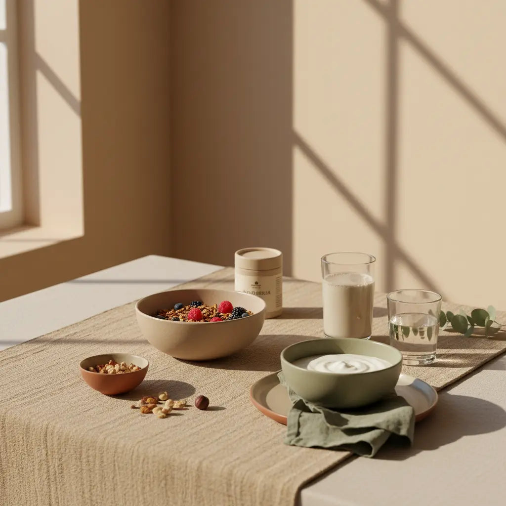 Veganes Frühstück mit Granola, Joghurt, Nüssen und Shake auf nachhaltigem Tisch in einer europäischen Küche am Morgen – Inspiration für zuckeralternativen zum backen