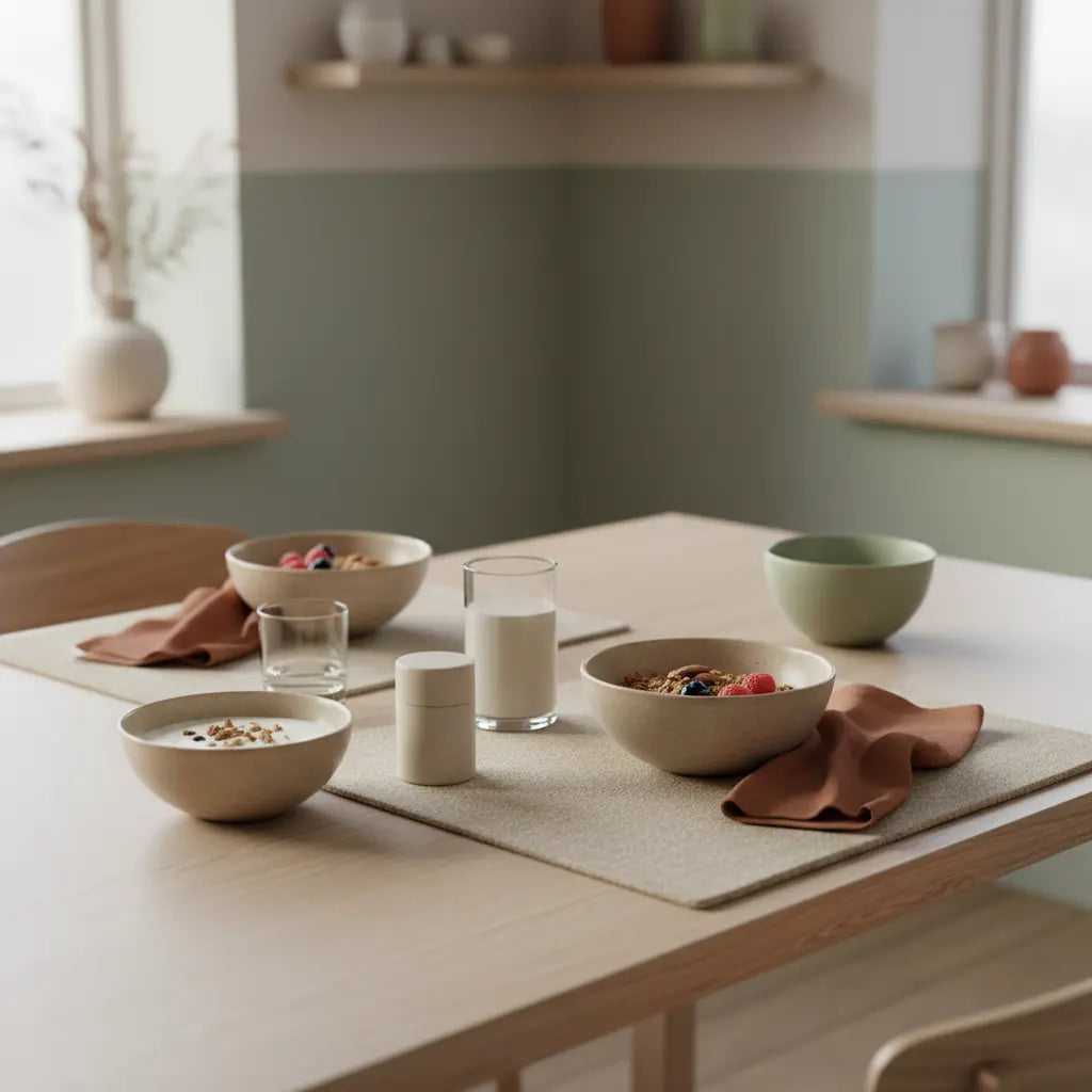 Minimalistisches veganes Frühstück mit Granola, Joghurt, Nüssen und Shake auf nachhaltigem Tisch im Morgenlicht; zuckerfreie Kekse harmonisch platziert, natürliche Materialien, ruhige Stimmung.