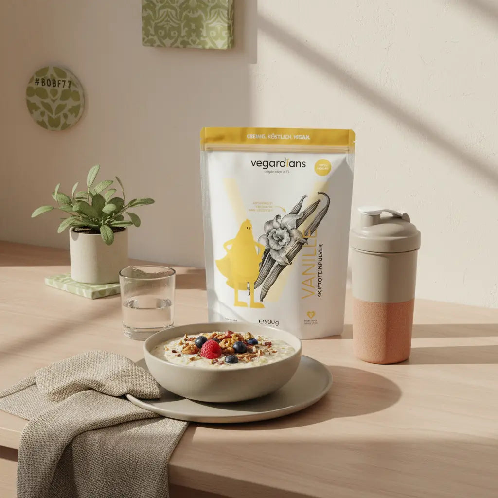 Minimalistische Morgenküche mit nachhaltigem Holztisch, Haferporridge mit Nüssen und Beeren und neutralem Shaker (Das Produkt aus den Referenzfotos) – zunehmen obwohl wenig essen