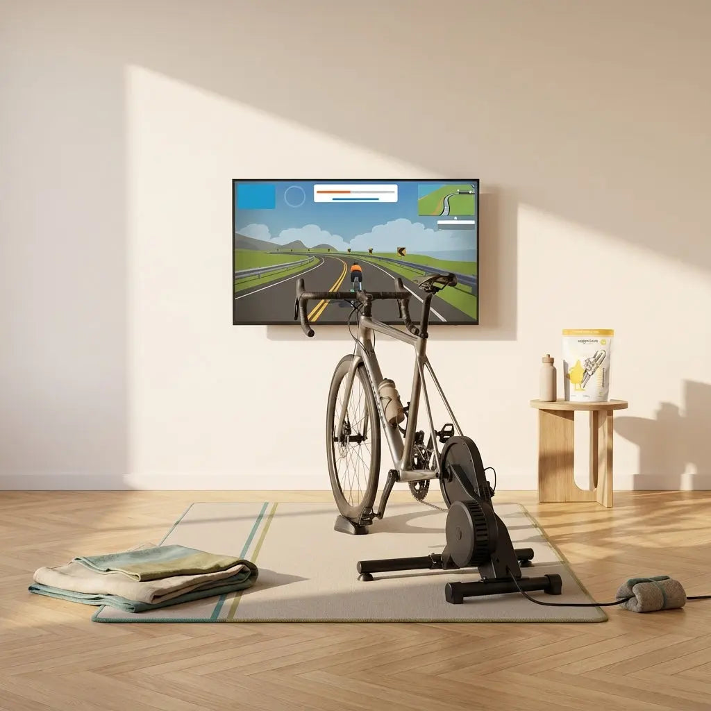 Minimalistische Indoor-Trainingsstation mit Rennrad auf Smart-Trainer vor großem Monitor, der eine Zwift Training‑Strecke zeigt; warmes Morgenlicht, Holzparkett, dezente Akzente #4A9A9E und #B0BF71.