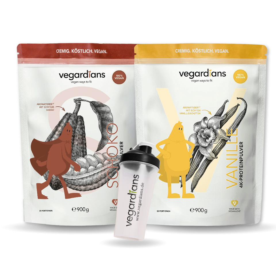 Bestseller Bundle vegan protein powders in vanilla and chocolate flavor with free shaker - ideal for fitness and muscle building.