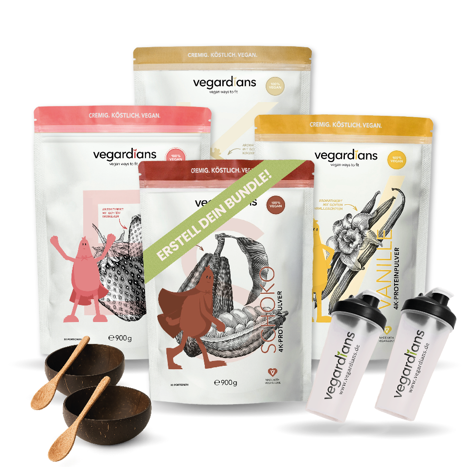 Großes Bundle featuring vegan protein powders, two Vegardians shakers, and sustainable coconut shell set.