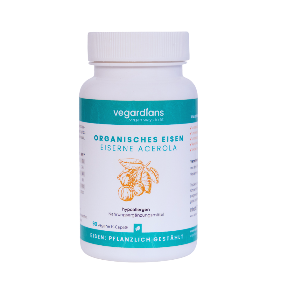 Bottle of "Organisches Eisen+ Komplex" supplement by Vegardians, featuring vegan iron and vitamins for energy boost.