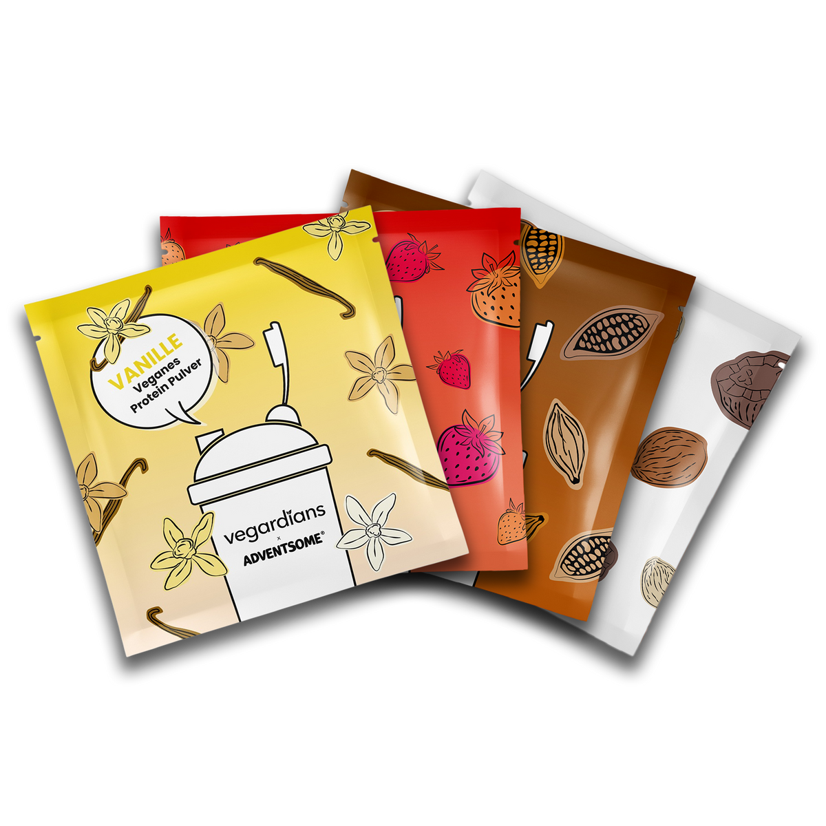 Vegardians Protein Probebeutel in assorted flavors with natural ingredients and eco-friendly packaging.