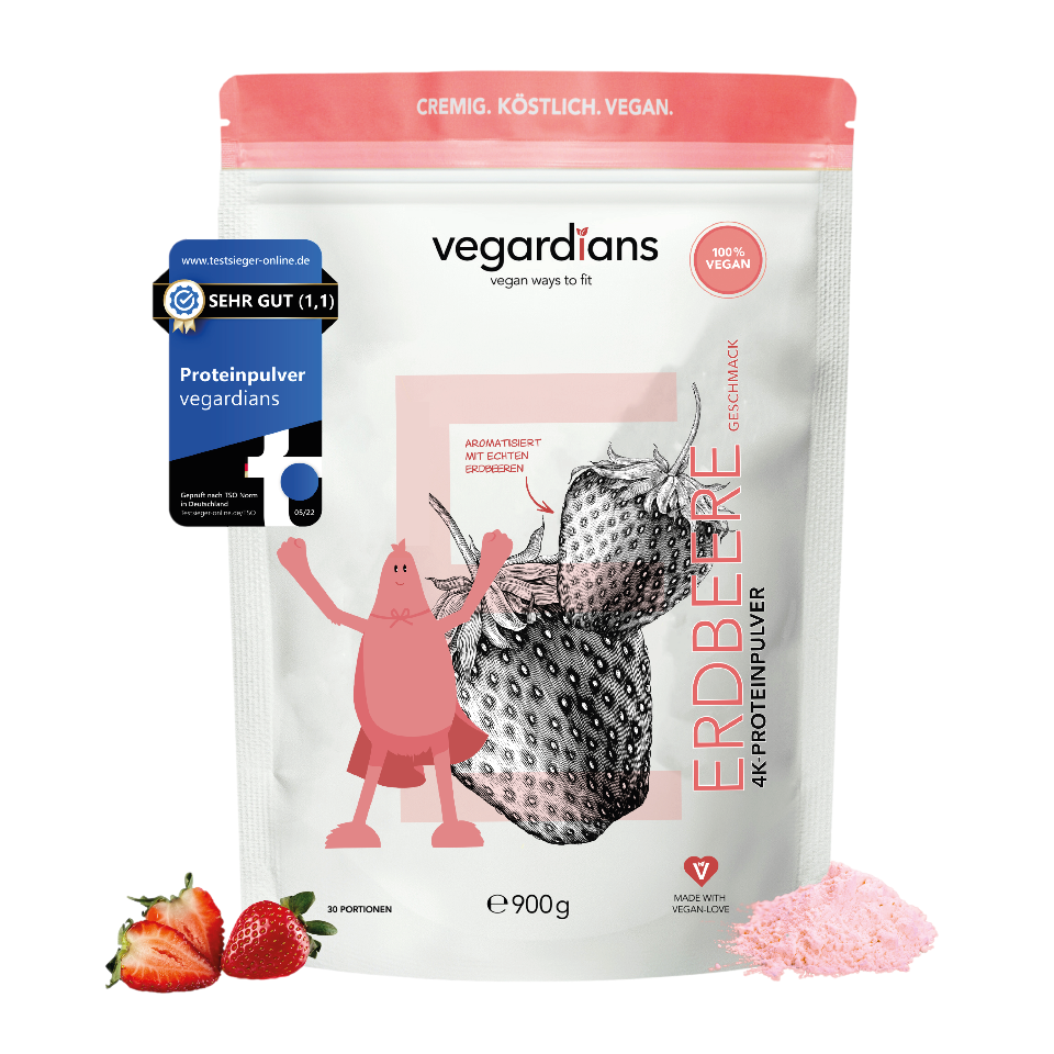 Vegan Erdbeere Protein powder with real strawberry pieces, 900g packaging.