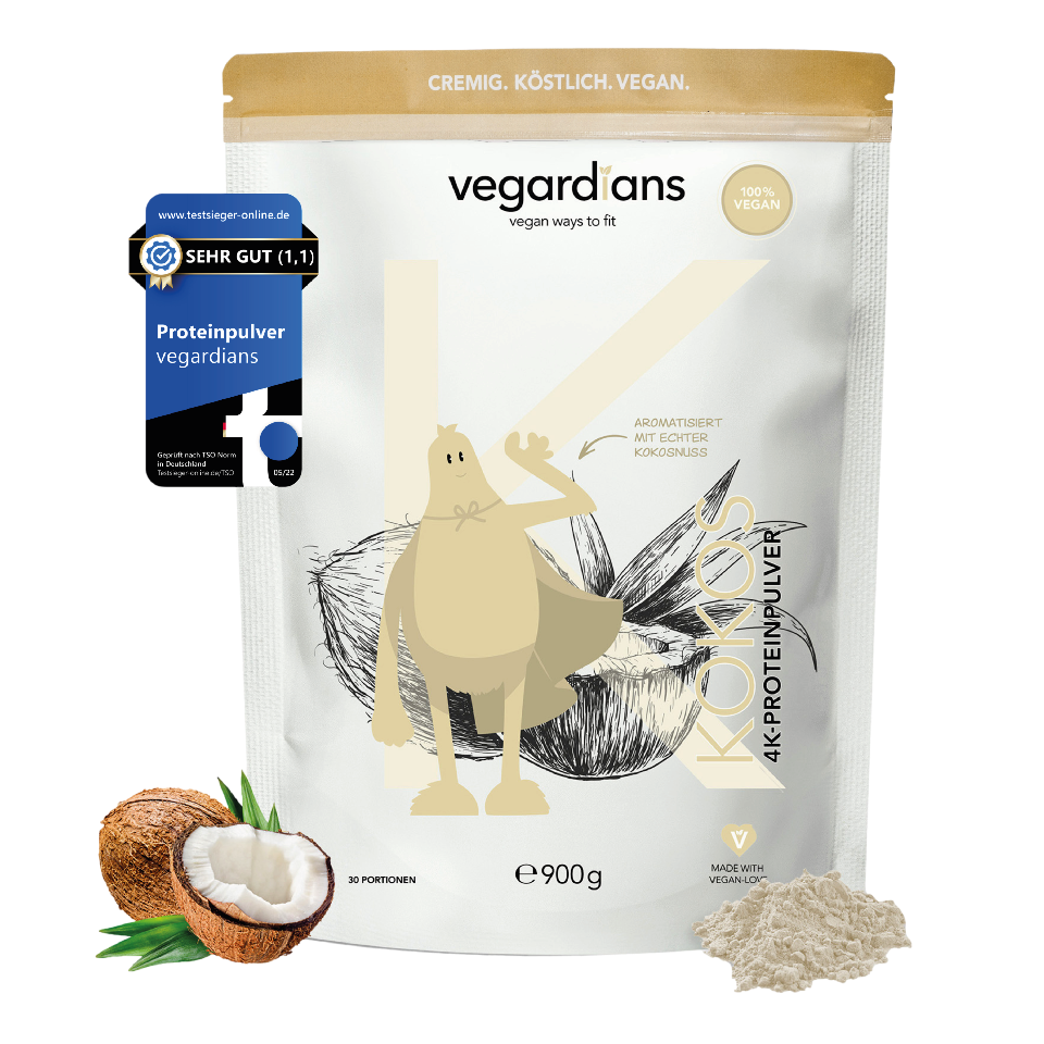 Vegan Kokos Protein powder with coconut illustration, 900g bag.