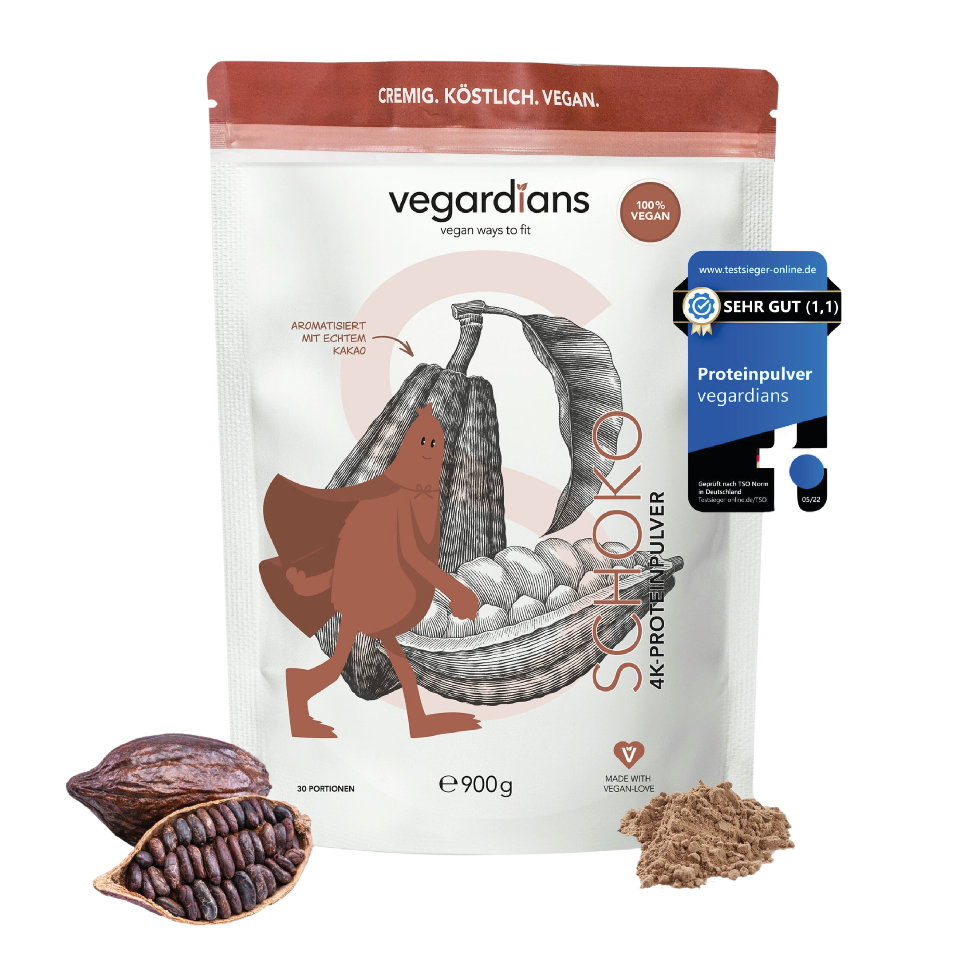 Vegan Schoko Protein powder with real cocoa, creamy and plant-based, 900g package.