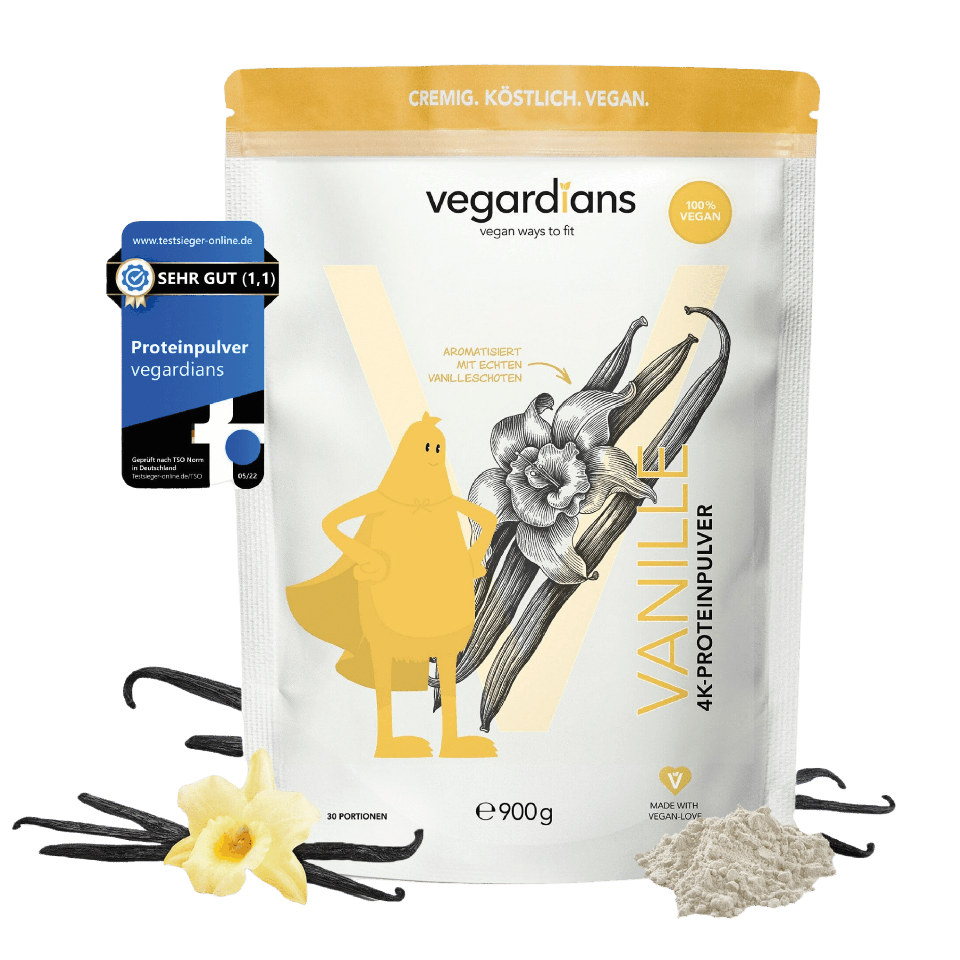 Vegan Vanille Protein powder with real vanilla beans, 900g bag, certified by the German Ministry of Education & Research.